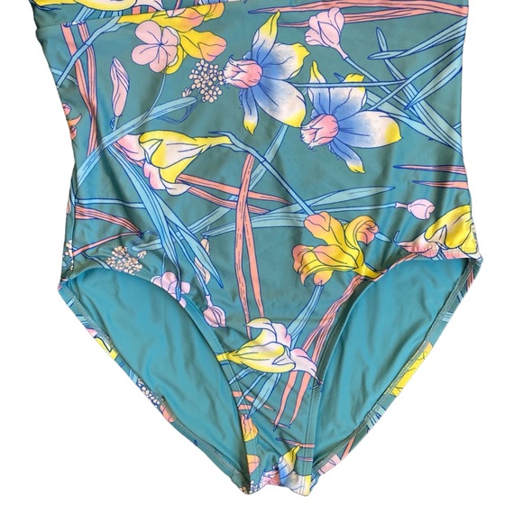 ModCloth The Kelsie Ruffle Blue Floral Plunge Neck One Piece Swimsuit Sz L - Picture 4 of 16